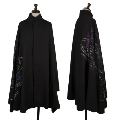 Yohji Yamamoto NOIR Wool Gabardine Drawing Print Stand Collar Poncho Coat