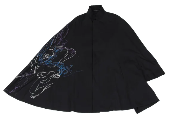 Yohji Yamamoto NOIR Wool Gabardine Drawing Print Stand Collar Poncho Coat K-167914_002
