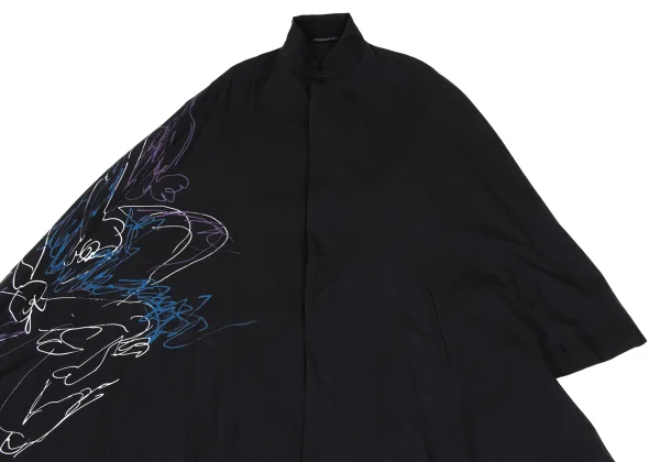 Yohji Yamamoto NOIR Wool Gabardine Drawing Print Stand Collar Poncho Coat K-167914_003