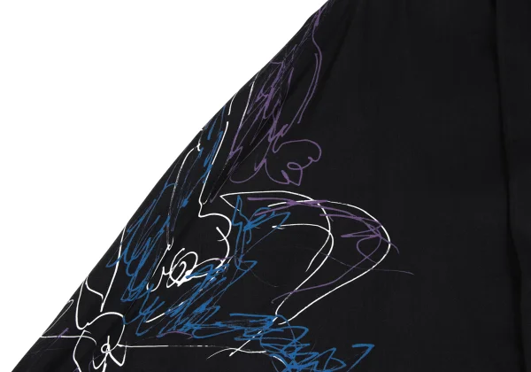 Yohji Yamamoto NOIR Wool Gabardine Drawing Print Stand Collar Poncho Coat K-167914_006