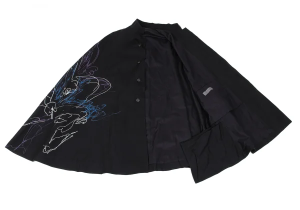 Yohji Yamamoto NOIR Wool Gabardine Drawing Print Stand Collar Poncho Coat K-167914_011