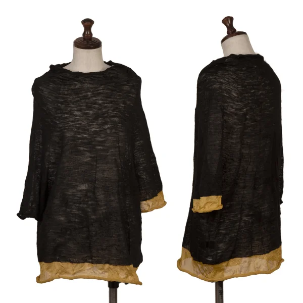 Y's Linen Blended Wrinkled Bi-color Knit Top Black,Mustard 2 K-167942_001