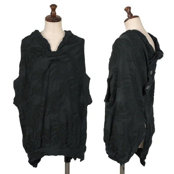 ワイズY's コットンボタニカルジャガードバックオープンノースリーブニット 緑紺2