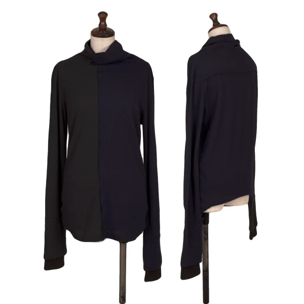 ワイズY's ウール切替デザインリブレイヤードバイカラーニットソー 黒紺2