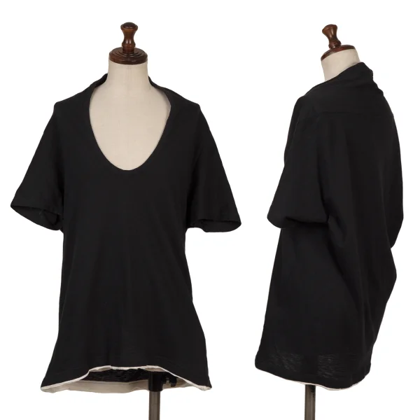 Y's Cotton Switching Hem U-neck T-shirt Black 2 K-167948_001