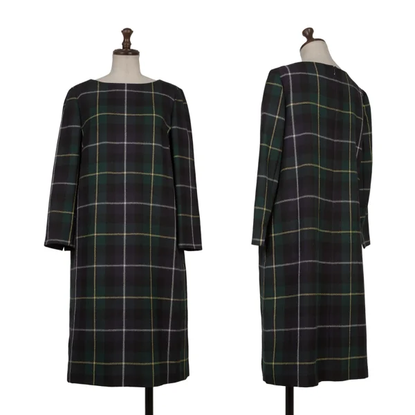 MACKINTOSH PHILOSOPHY Wool Check 3/4 Sleeve Dress Green,Multi-Color 38 K-167959_001