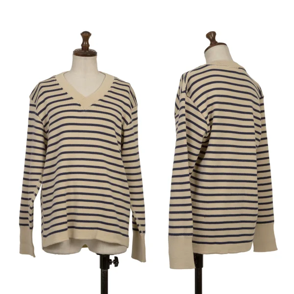 45rpm 45R Wool Striped V-neck Knit Sweater Beige,Navy 2 K-167961_001