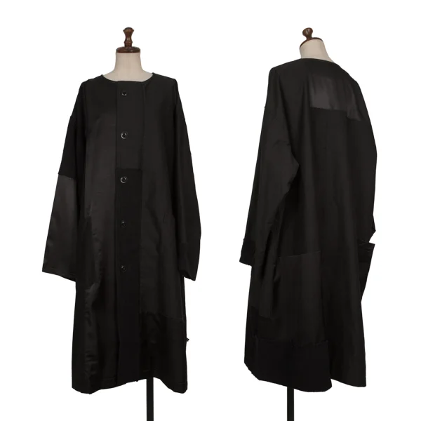 Y's Patchwork No Collar Cotton Coat Black 2 K-168051_001