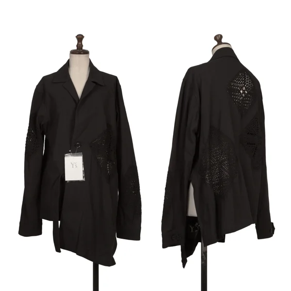 ワイズY's スクエアクロシェ編みアシンメトリージャケット 黒2