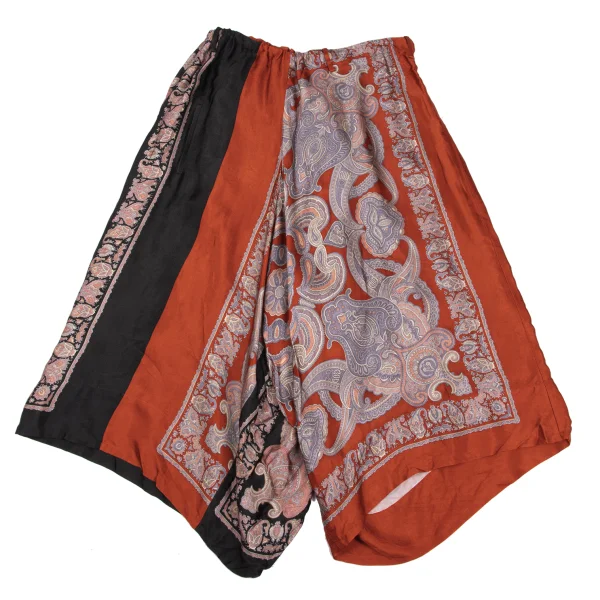 Y's Rayon Paisley Printed Switching Design Wide  Dropped Crotch Pants Black,Orange 2 K-168069_001