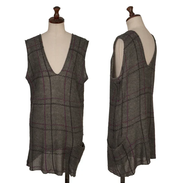 Y's Rayon Linen Plaid Stitch Knit Vest Grey 3 K-168098_001