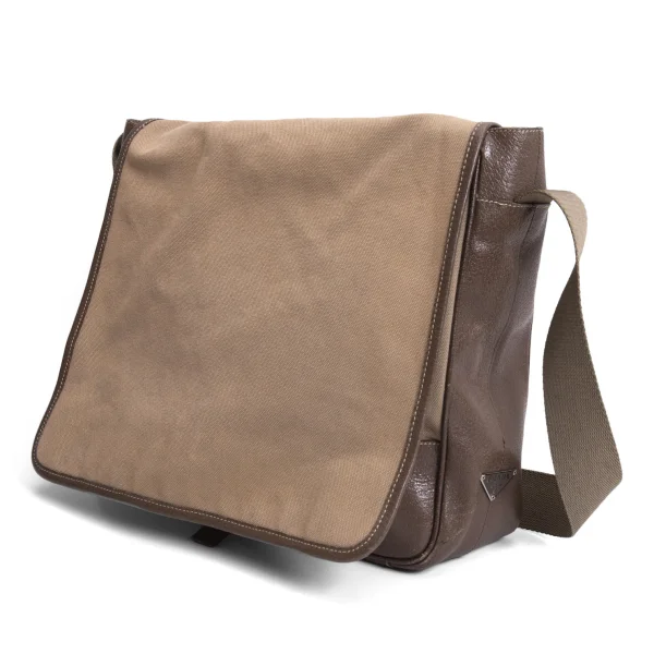 PRADA Leather Switching Canvas Messenger Bag Mocha  K-168114_001
