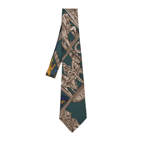 HERMES Horse Knight Printed Tie Green  K-168115_001
