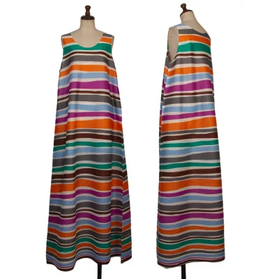 PLEATS PLEASE Colorful Stripe Pleated Sleeveless Flared Dress