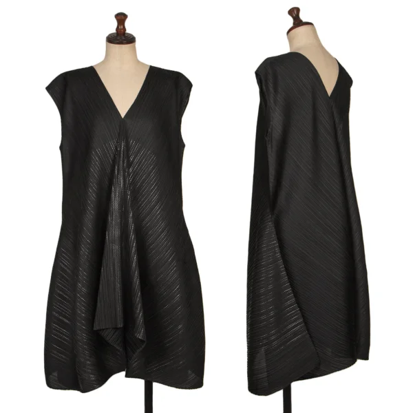 PLEATS PLEASE Foil Print V Neck Sleeveless Flare Pleated Dress Black 4 K-168197_001