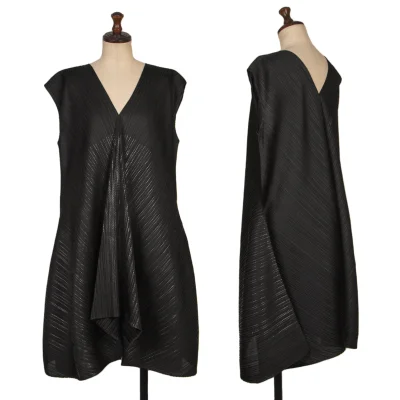 PLEATS PLEASE Foil Print V Neck Sleeveless Flare Pleated Dress