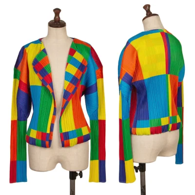 PLEATS PLEASE Colorful Panel Print Layered Pleated Cardigan