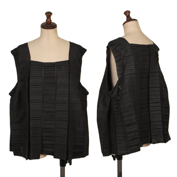 プリーツプリーズPLEATS PLEASE 横プリーツタックデザインスクエアネックノースリーブトップス 黒3