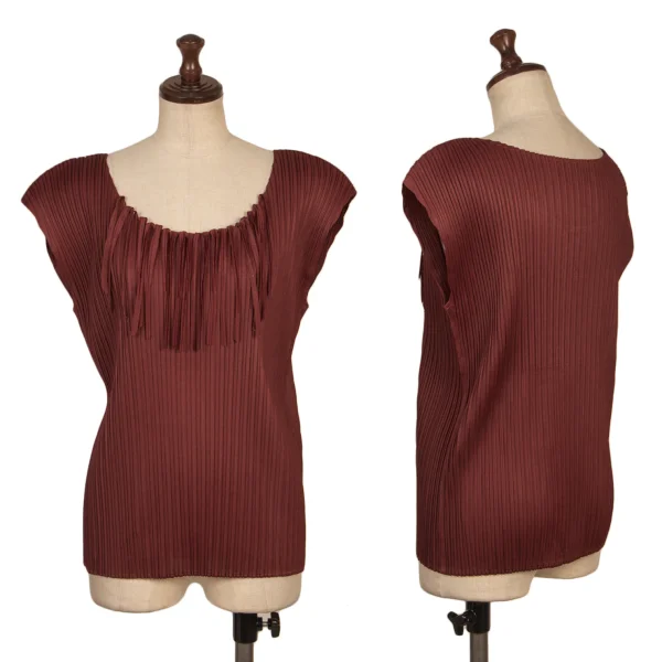 プリーツプリーズPLEATS PLEASE フリンジネックデザインプリーツノースリーブトップス ボルドー4