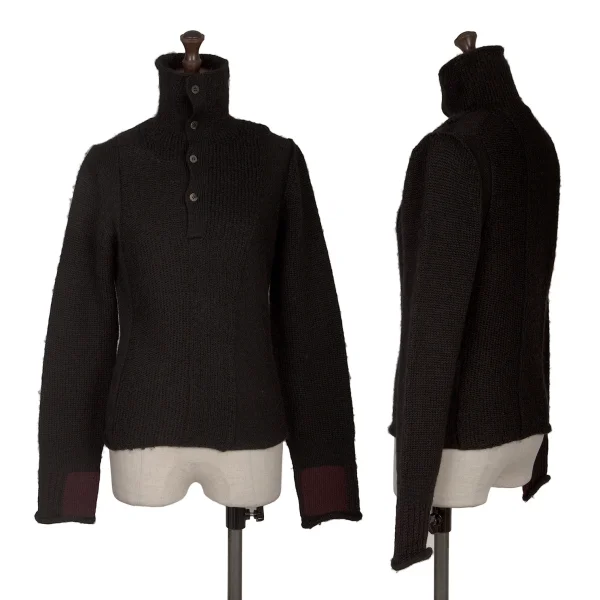 Y's Wool Alpaca Button Neck Knit Sweater Black 3 K-168354_001