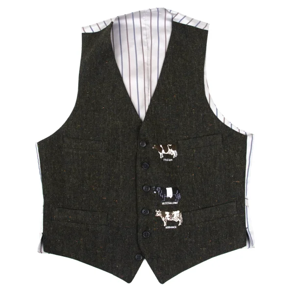 Paul Smith LONDON Cowhide Embroidery Nep Tweed Vest Khaki S-M K-168367_001