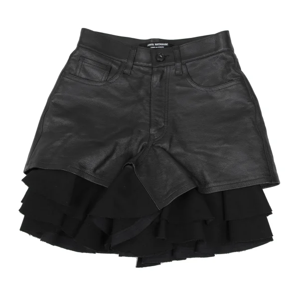 JUNYA WATANABE COMME des GARCONS Hem Frill Layered Cow Leather Skirt Pants Black XS K-168397_001