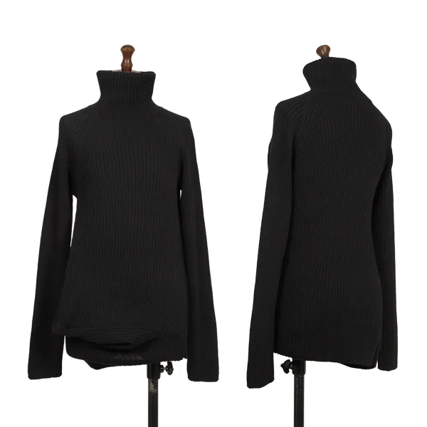Y's Wool Rib Hem Asymmetry Turtleneck Knit Black 3 K-168400_001