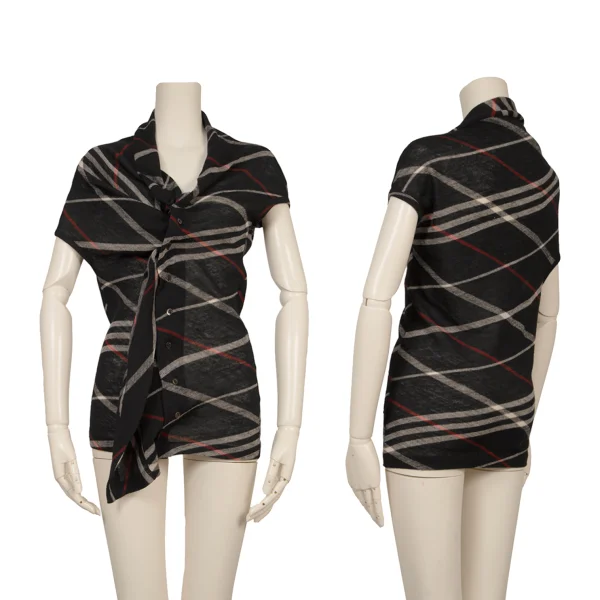 Y's Check Asymmetry Drape Knit Vest Black,Red,White 2 K-168404_001