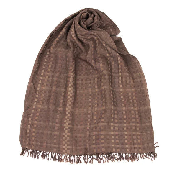 JURGEN LEHL Silk Block Checked Fringe Stole Brown  K-168490_001