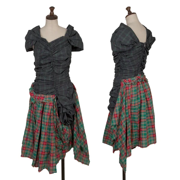 COMME des GARCONS Checkered Panel Gather Sleeveless Dress Green,Red SS K-168548_001