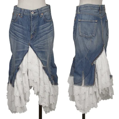 JUNYA WATANABE COMME des GARCONS Embroidered Lace Tiered Denim Skirt