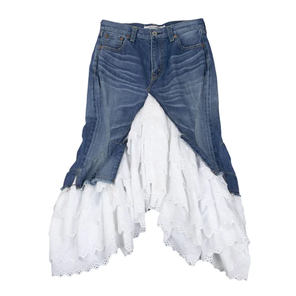 JUNYA WATANABE COMME des GARCONS Embroidered Lace Tiered Denim Skirt K-168648_002