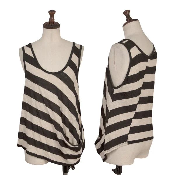 Y's Red Label Linen Striped Switching Tank Top Ivory,Black 2 K-168693_001