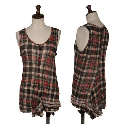Y's Cotton Wool Hem Frill Check Print Tank Top