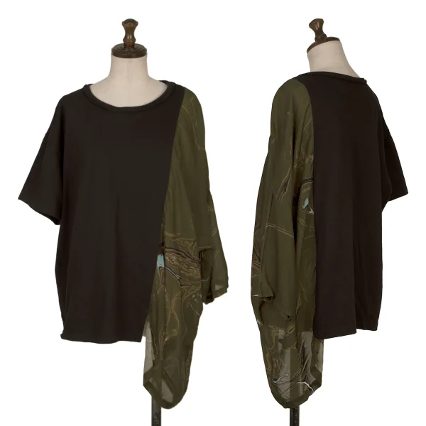 ワイズY's コットン異素材グラフィックプリント切替デザインTシャツ 黒カーキ2