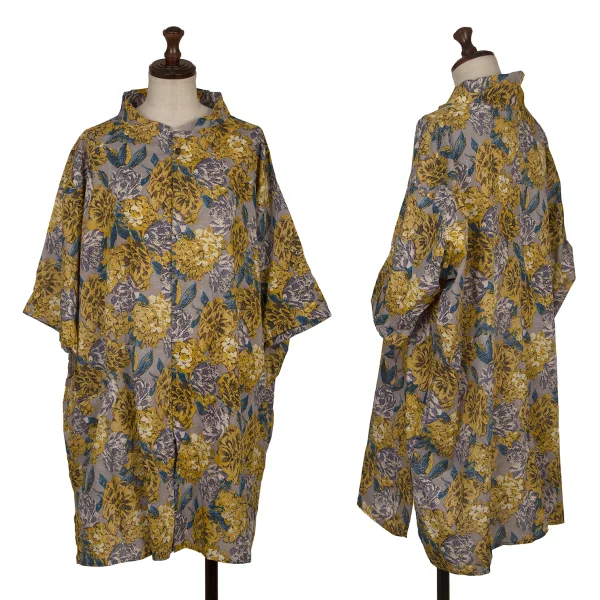 ワイズY's コットンリネンフラワープリントバンドカラー半袖シャツ 黄色青1