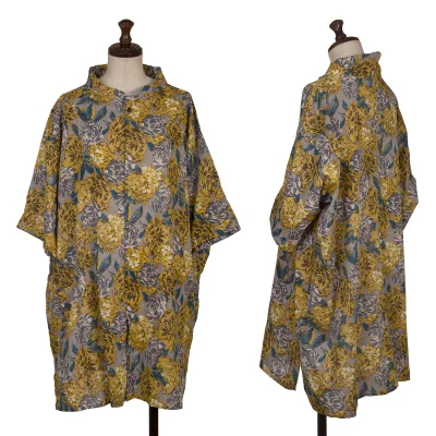 Y's Cotton Linen Floral Print Band-collar Short Sleeve Shirt