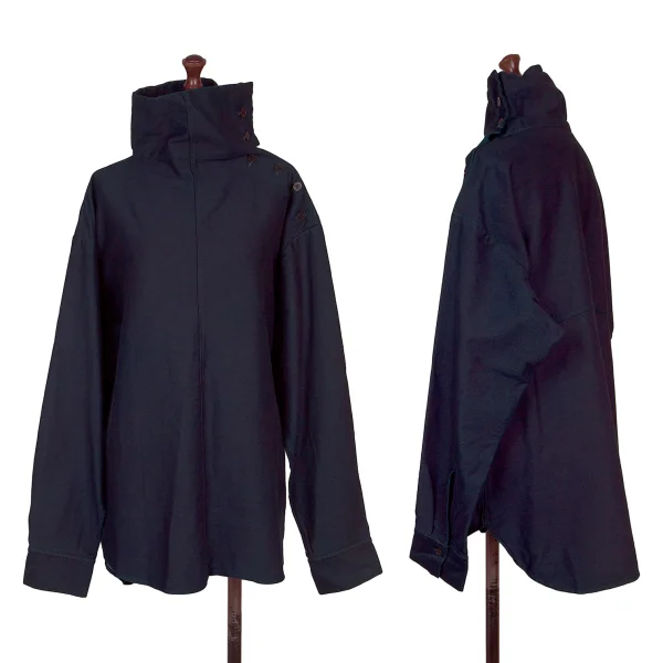 ワイズY's 染めコットンボタンデザインハイネックプルオーバーブラウス 紺2