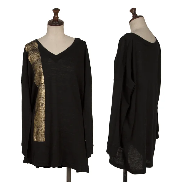 ワイズY's ウール混箔プリントVネックニット 黒ゴールド2