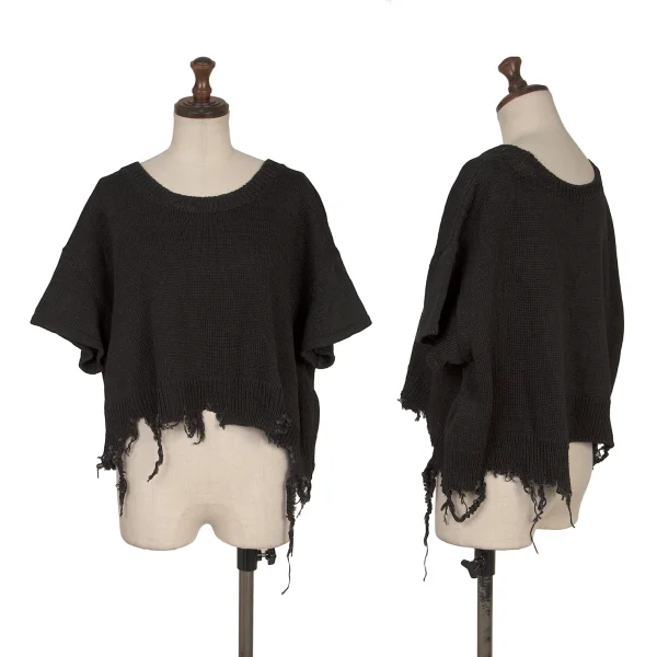 Y's Distressed Design Short Sleeve Knit Sweater Black 1 K-168748_001