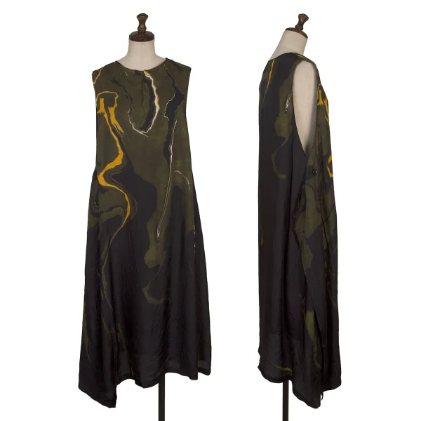 Y's Marble Printed Side Button Design Sleeveless Dress Khaki,Black 1 K-168751_001