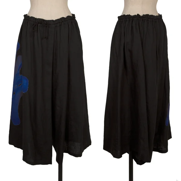 Y's Graphic Printed Linen Dropped Crotch Pants Black 2 K-168758_001