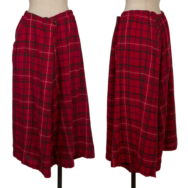 Y's Wool Check Asymmetry Wide  Dropped Crotch Pants Red 2 K-168759_001