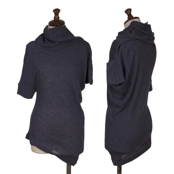 Y's PINK Wool Asymmetry Design Turtleneck Rib Knit Top Navy 2 K-168768_001