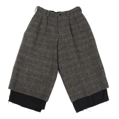 Y's Wool Check Tweed Hem Cut Off Cropped Pants