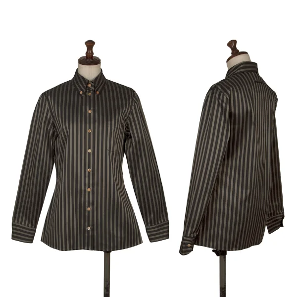 Jean Paul GAULTIER CLASSIQUE Poly Stripe Button Down Shirt Black,Khaki 40 K-168829_001