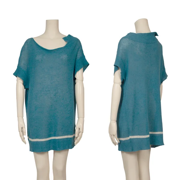 Yohji Yamamoto NOIR Cotton Linen Hem Line Knit Top Turquoise 2 K-168960_001