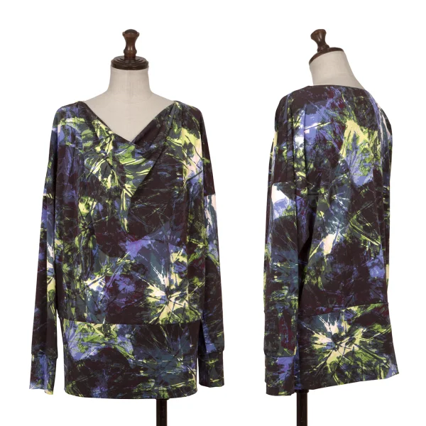 ISSEY MIYAKE Draped-neck Graphic Printed Long Sleeve Top Navy 2 K-168969_001