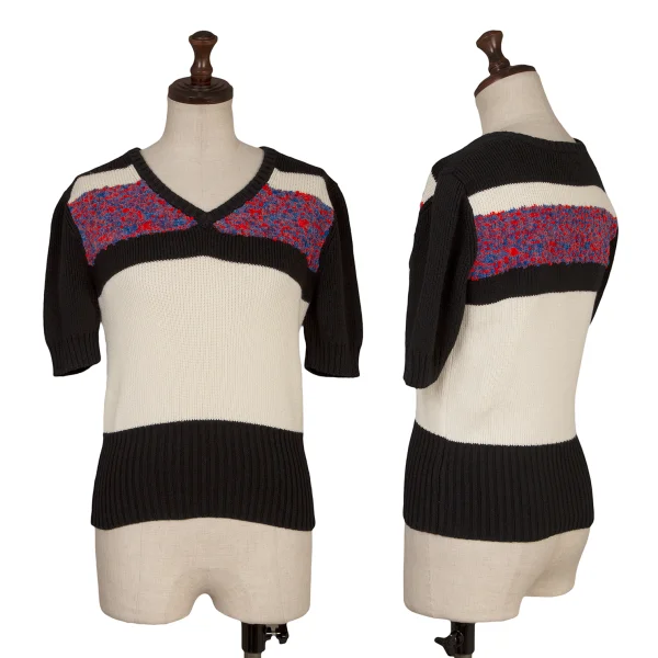 CARVEN Wool Blend Switching V Neck Short Sleeve Knit Sweater Black,White M K-168980_001