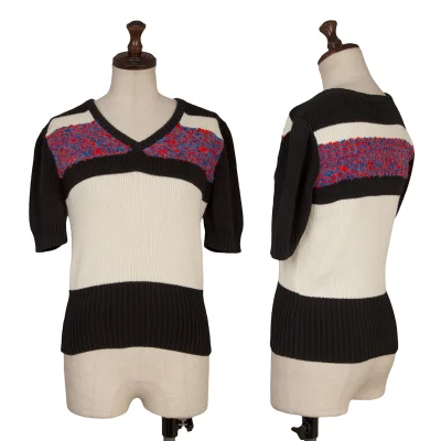 CARVEN Wool Blend Switching V Neck Short Sleeve Knit Sweater